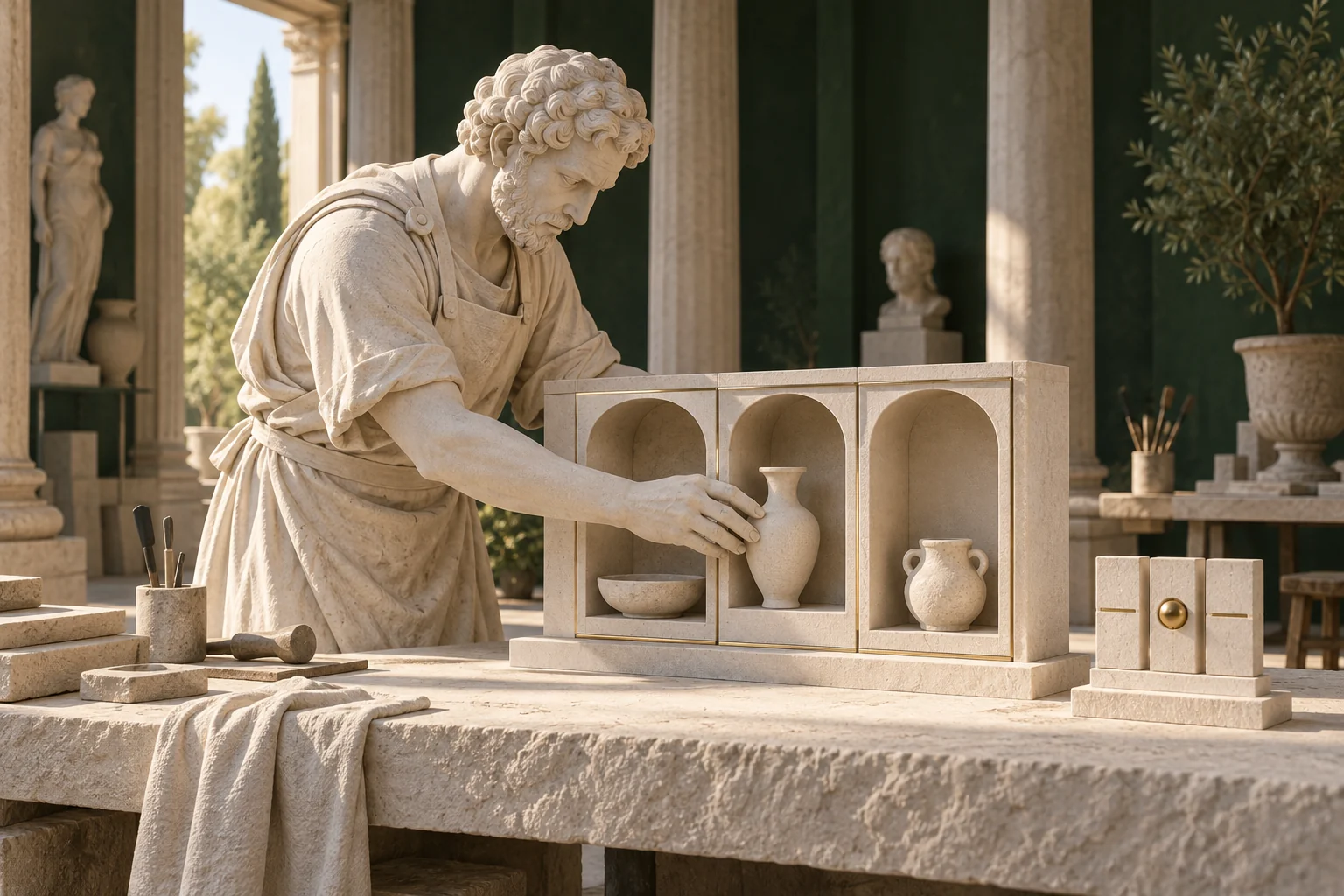 Un artisan en pierre blanche compose une vitrine de produits sculptés, à côté d’un module de choix.