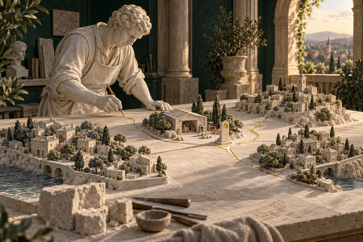 Un sculpteur relie un atelier miniature aux quartiers alentour par des chemins d’or incrustés dans la pierre.