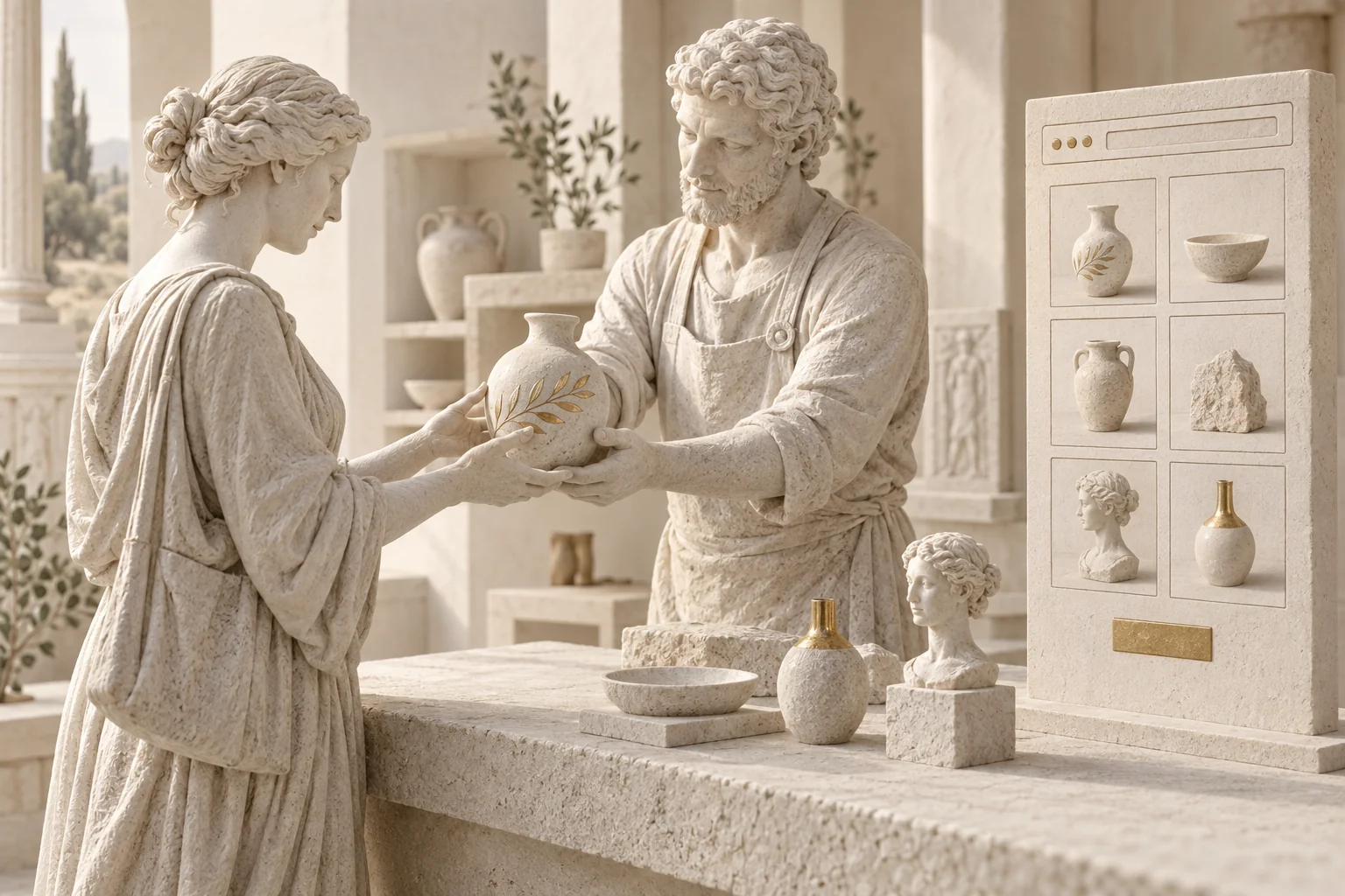 Un artisan remet un objet à son client devant un catalogue et une boutique sculptés dans la pierre blanche.