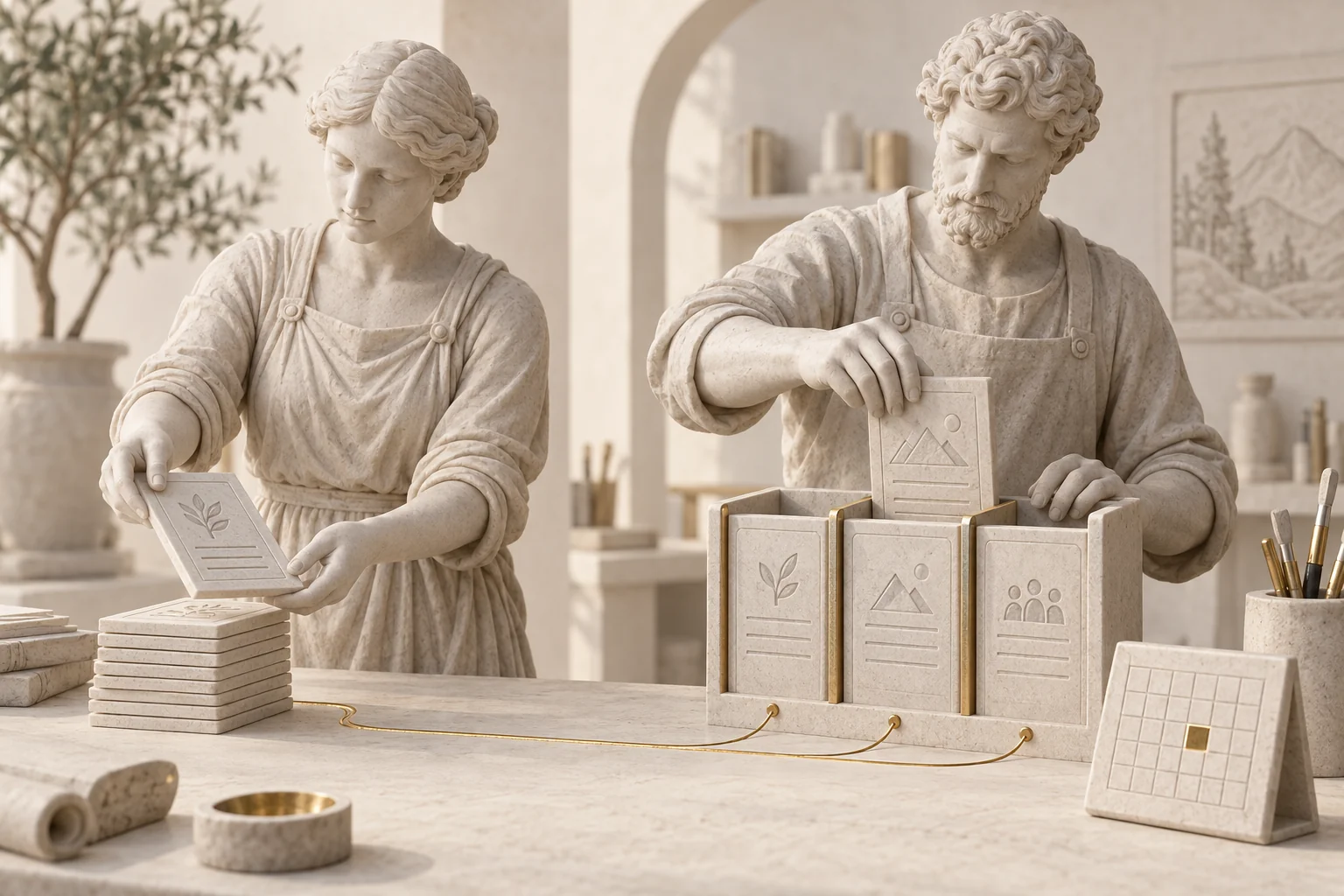 Des artisans de pierre blanche organisent des demandes dans des travées, près d’un calendrier sculpté.