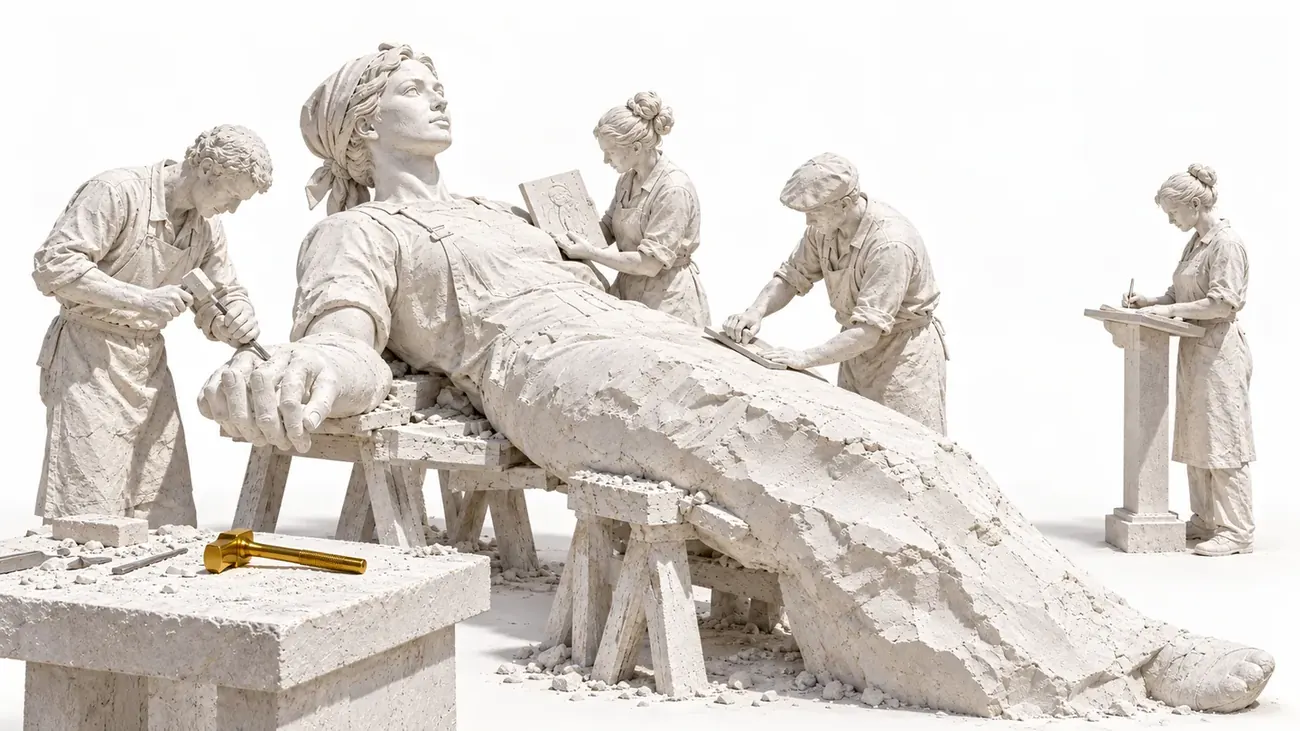 A team of craftsmen carves a monumental figure in white stone, from the raw block to the finished details.