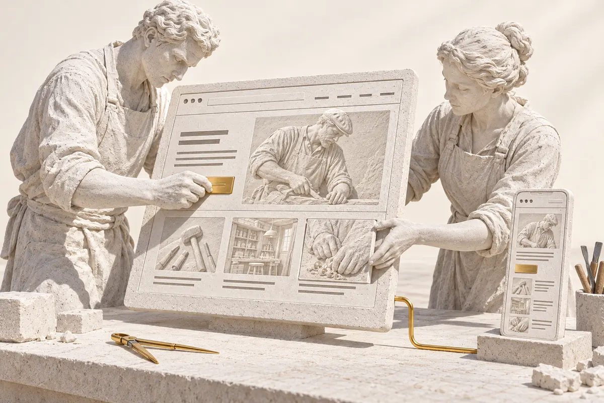 Two white stone craftsmen assemble the pages of a carved website and its mobile version, with golden elements and connections.