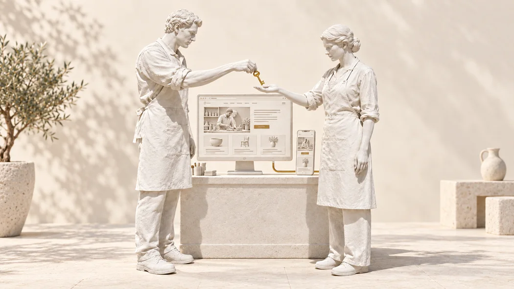A craftsman hands a golden key to his client in front of the finished website and its mobile version, both carved in white stone.