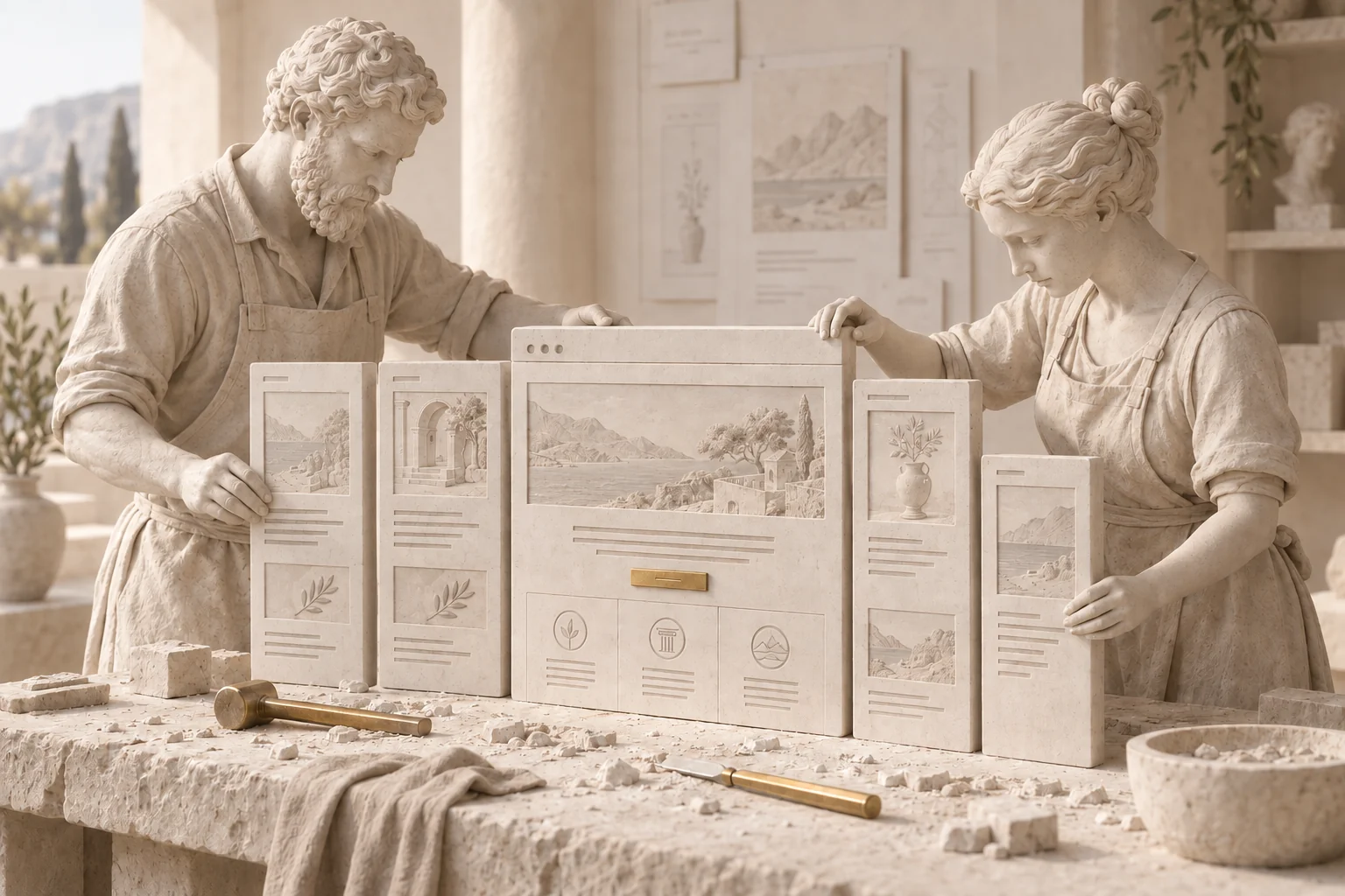 Deux artisans sculptés dans la pierre blanche assemblent cinq pages de site web sur leur établi.