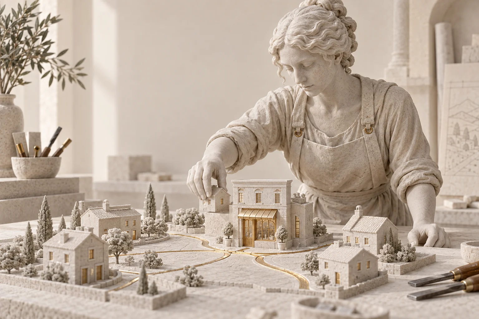 Une artisane de pierre blanche organise un quartier miniature et relie un atelier aux rues par des chemins d’or.