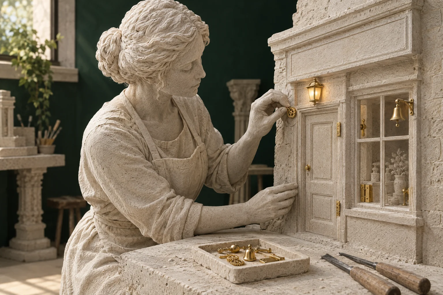 Une sculptrice de pierre blanche pose de petits mécanismes d’or dans le bas-relief d’une façade d’atelier ; une lanterne de pierre reste allumée au-dessus de la porte.