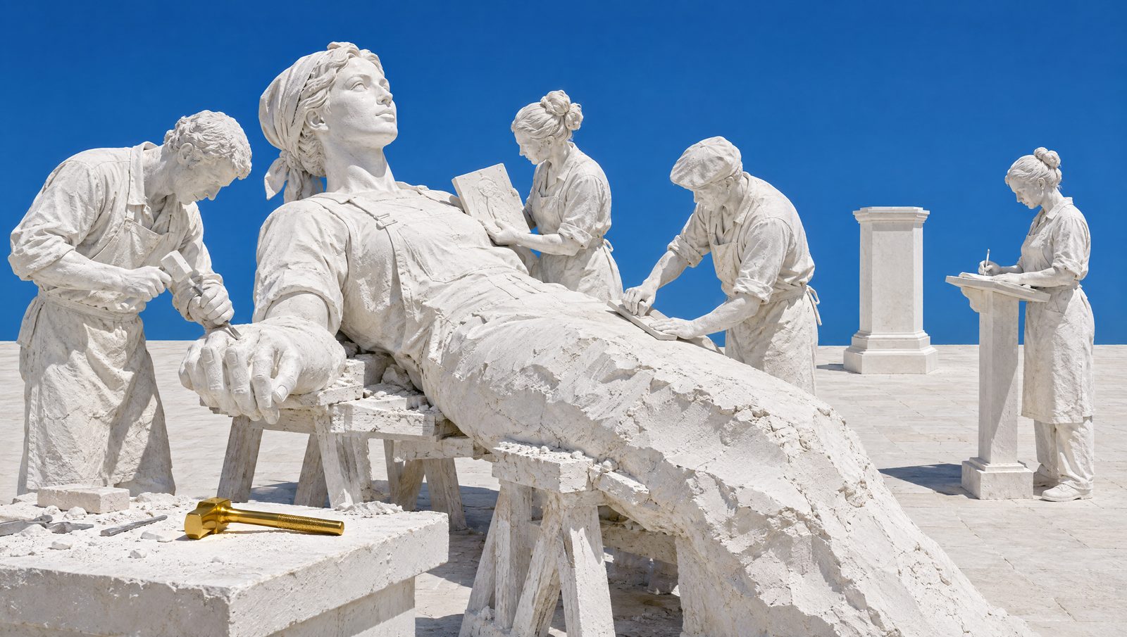 Quatre sculpteurs de plâtre en tablier autour d'une statue monumentale couchée sur des tréteaux, un socle vide derrière, un outil d'or sur l'établi.