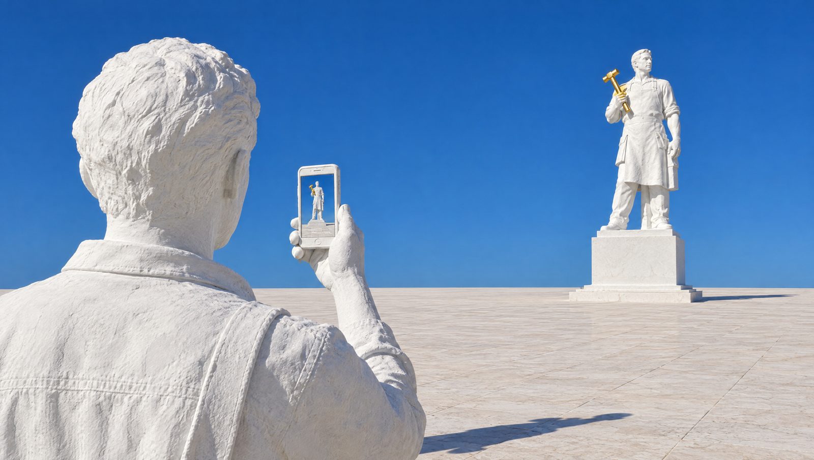 Un passant de plâtre, vu de dos, regarde dans son téléphone la statue d'un artisan qui se dresse au loin sur la place.