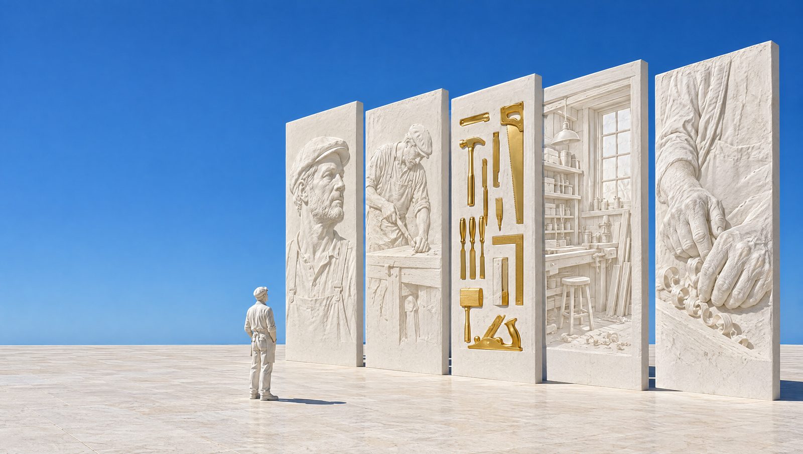 Cinq panneaux de plâtre dressés comme les pages d'un livre, chacun sculpté d'un relief du même artisan, et l'artisan de plâtre qui les regarde, sur une place vide sous un ciel bleu franc.
