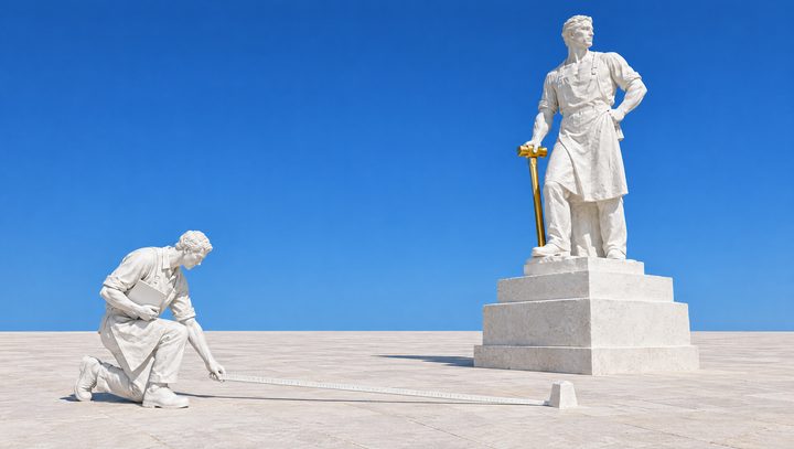 Un géomètre de plâtre à genoux mesure au mètre la distance entre le socle d'une statue et une borne.