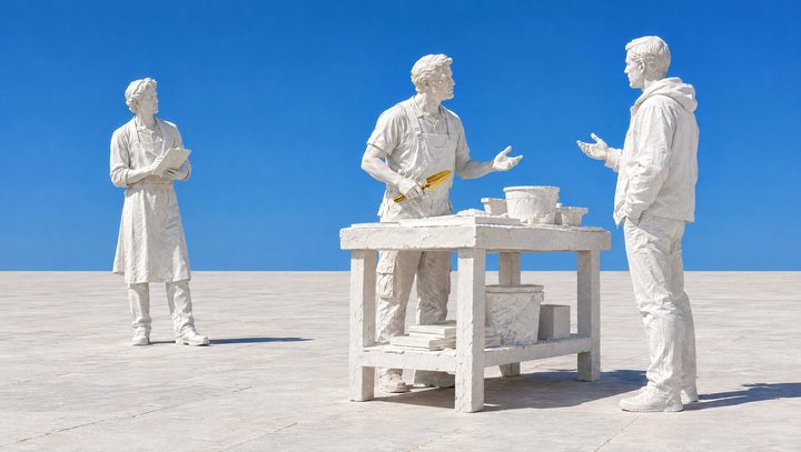 Un sculpteur de plâtre, tablette en main, observe un artisan qui répond à un client à son établi.