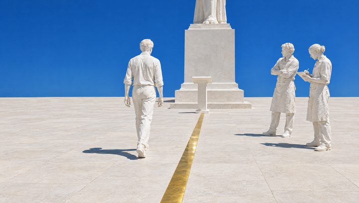 Un passant de plâtre suit une ligne d'or jusqu'au pupitre, deux sculpteurs observent et notent.