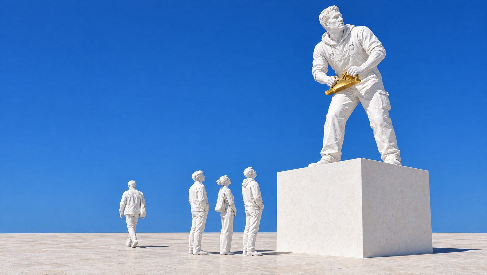 Une statue de plâtre au travail sur son socle ; en bas, trois passants de plâtre attendent, un quatrième s'en va.