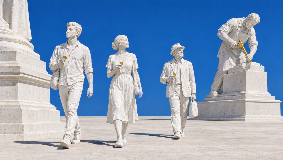 Trois passants de plâtre s'éloignent avec un jeton d'or à la main pendant qu'une statue d'artisan continue de travailler sur son socle.