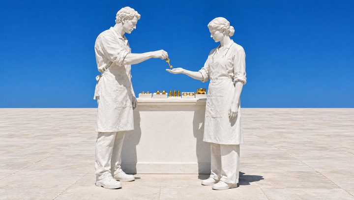 Un sculpteur de plâtre remet une clé d'or dans la main d'une commerçante de plâtre, le comptoir prêt derrière eux.