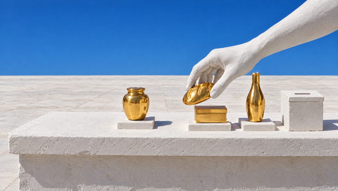 Un comptoir de plâtre sous le ciel bleu, des produits d'or alignés dessus, la main de plâtre d'un passant qui en prend un. Personne derrière.
