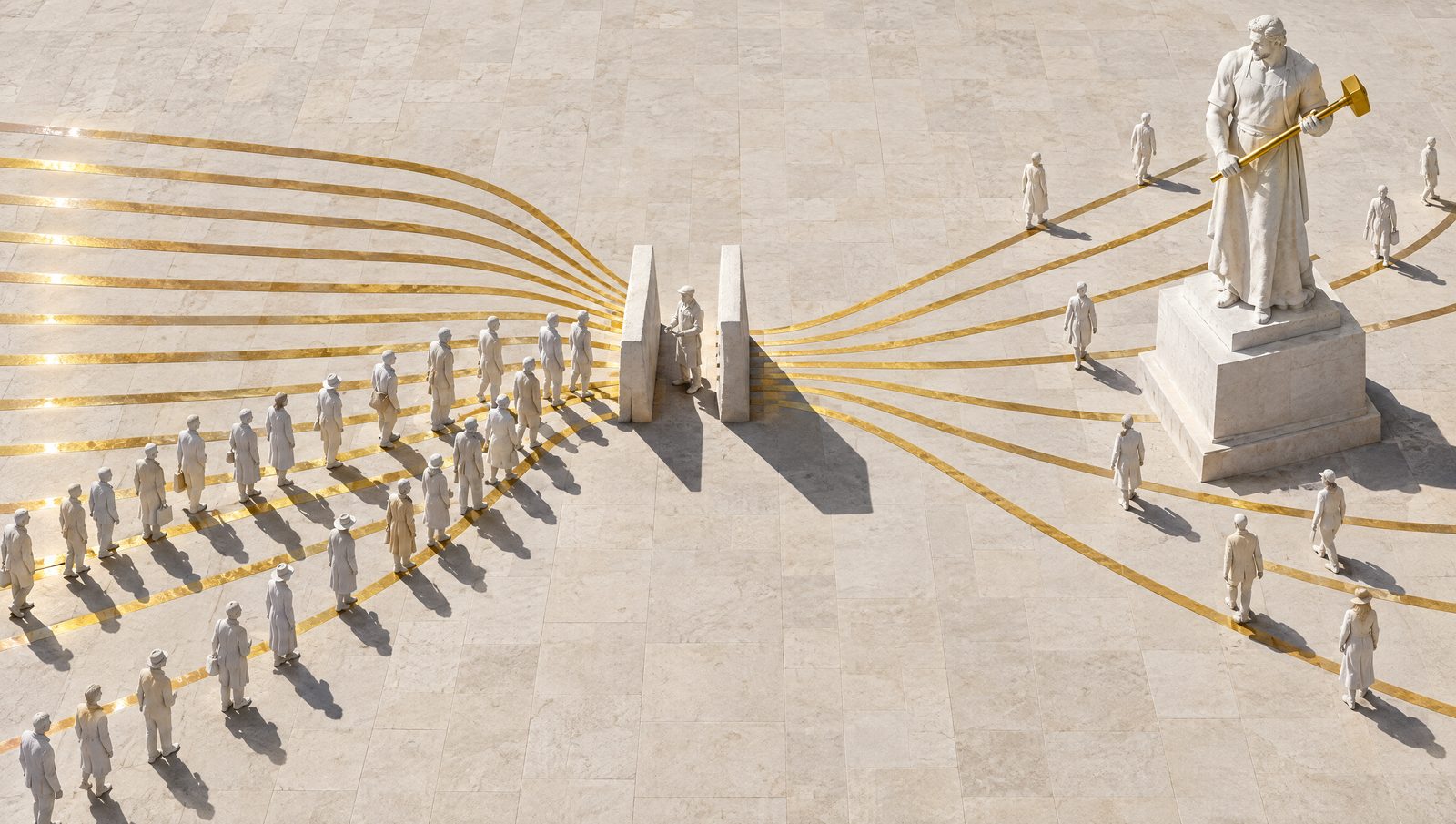 Vue du ciel : des lignes d'or dans le dallage convergent vers un seul passage étroit tenu par une seule figure de plâtre ; une file de passants attend avant, le flux repart après.